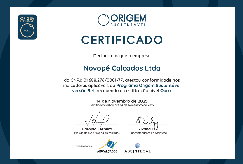 Certificado Origem Sustentável nível Ouro da Novopé Calçados Ltda, válido até